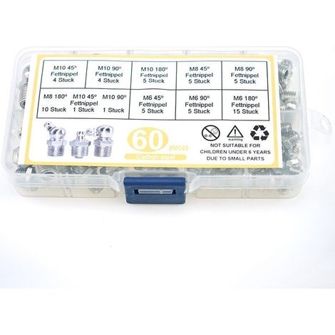 Assortimento di 60 ingrassatori a vite M6 M8 M10, ingrassatori dritti 45 90 180, con scatola di plastica, per apparecchiature meccaniche, ingrassatori (1/4)