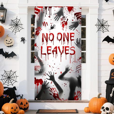 Décoration de porte effrayante pour Halloween, idéale pour les fêtes, drapeaux et bannières d'extérieur - 90 x 180 cm (perforée + ruban) - 1