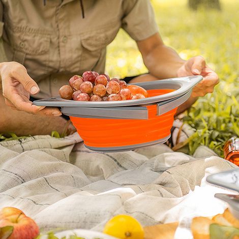 Panier à légumes pliable en silicone portable pour la cuisine, avec support, orange et gris. Filtre à fruits et légumes, égouttoir et panier de lavage portables en silicone avec support. (1/5)