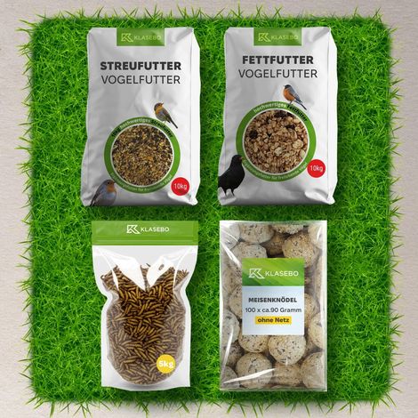 Set Mangime per Uccelli Selvatici Premium 34kg – Mangime Sparso 10kg, larve di mosche soldato essiccate 5kg, Palle di Grasso 100 Stk. à 90g, Mix di Strutto ad Alta Energia 10kg (1/3)