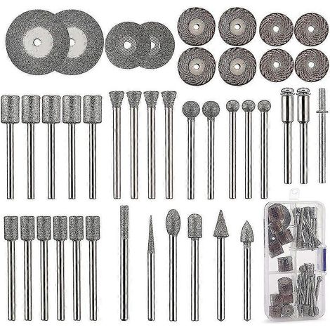 Kit de sculpture sur pierre 43 pièces, comprenant 26 fraises diamantées, 10 hélices, 4 disques de coupe diamantés et 3 mandrins métalliques (voir illustration). (1/5)