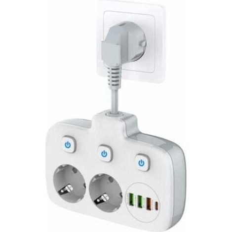 Multiprise murale intelligente OUYLAF avec 2 prises + 4 ports USB + 3 interrupteurs indépendants et protection contre les surtensions