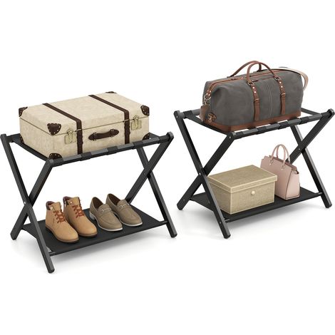 CASART Bamboo Luggage Racks Set of 2 Folding Suitcase Stands with Nylon Straps (1/5)
