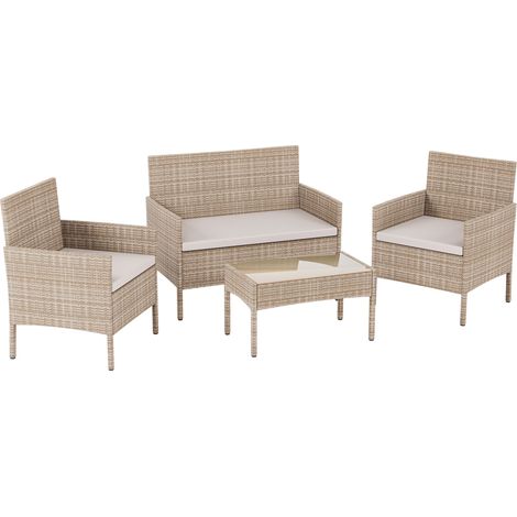 Kendal Rattan Garden Furniture 4 Seater Outdoor Chair Sofa Table Set, Natural-No-Cover