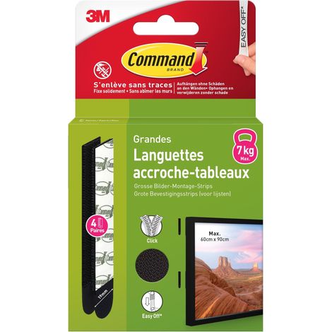 COMMAND LANGUETTES ACCROCHES TABLEAUX, GRANDES - 4 PAIRES (8 LANGUETTES) NOIR - SUPPORTE JUSQU'À 7 KG - SANS OUTILS - FIXATION S