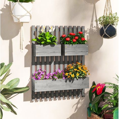 3er Wand-Blumenkübel aus Holz, grau, 60 x 16 x 80 cm, OKMYHOME (1/5)