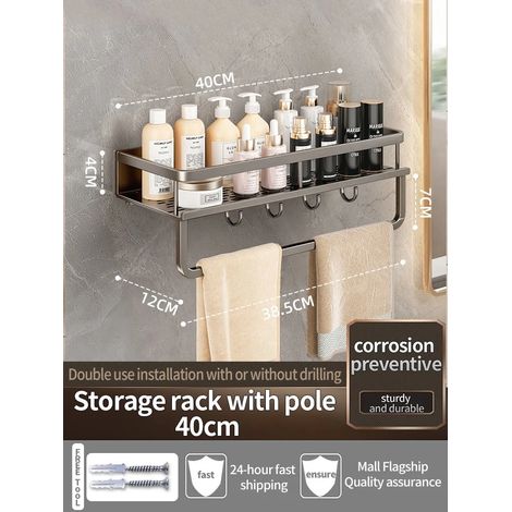 Étagère murale en aluminium (gris, 40 cm) pour salle de bain, rangement pour shampoing, organisateur de cuisine. (1/5)
