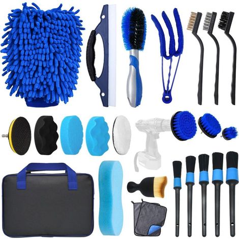 Kit de nettoyage auto comprenant une brosse de détail multifonctionnelle, une brosse pour les recoins et des gants de lavage auto. (1/3)