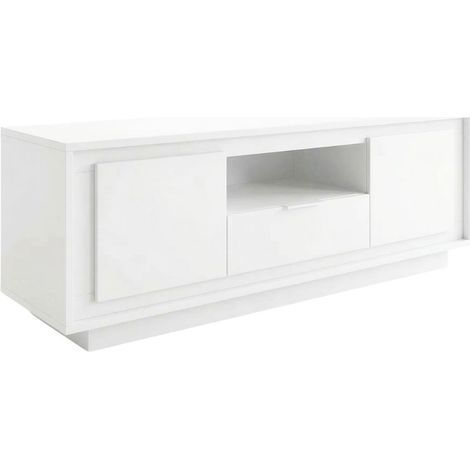 Meuble TV 2 portes 1 tiroirs 1 niche blanc laqué piètement socle - AZONTO (1/4)