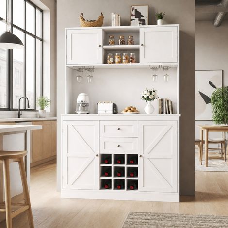 MEUBLIV Credenza cucina 120x40x188 cm bianca – ripiani regolabili e portabottiglie (1/5)