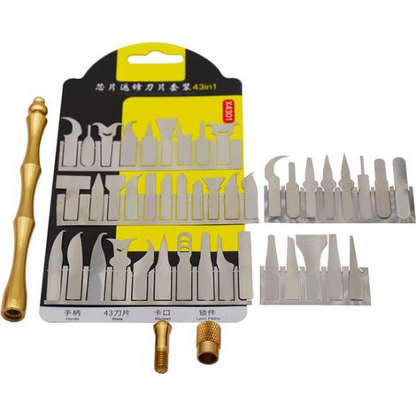 Kit 43 pièces d'outils de réparation téléphone : lame décolle CPU, grattoir pour puce, outil démontage carte mère, couteau pour retrait de colle. (1/5)