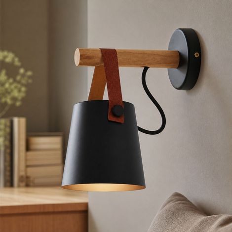 Applique murale rétro cuir et bois, design industriel nordique, métal noir et chêne, culot E27, pour couloir chambre salon café (1/5)
