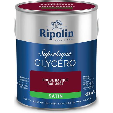 Ripolin – Peinture laque glycéro 2 en 1 satin 2L – Rouge Basque RAL 3004 – Haut rendement 16m²/L – Résistante aux chocs et rayures