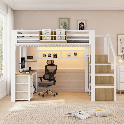 Cama alta 140/200 cm blanca con escritorio, LED y almacenaje (1/5)