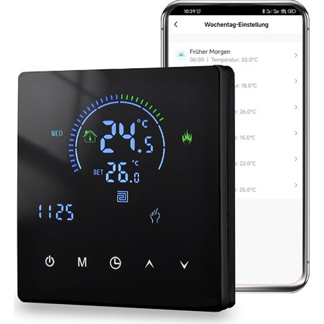Thermostat für Fußbodenheizung, WLAN-Raumthermostat für Fußbodenheizung. Für Warmwasserbereitung und Heizungsthermostate. Kompatibel mit Tuya, Alexa und Google Home, 230 V, 3 A, schwarz.