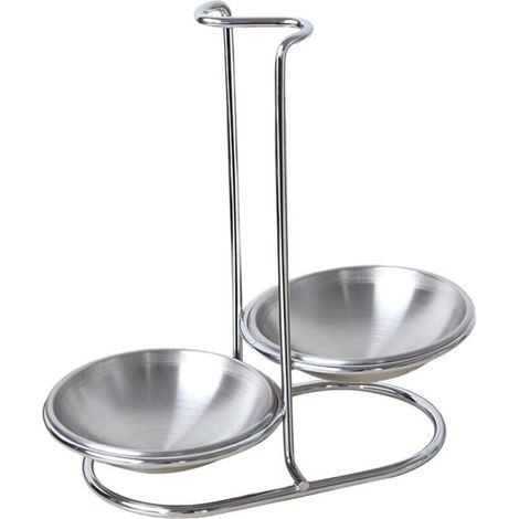 Supporto poggia-cucchiaio in acciaio inox per cucina, con doppia ciotola rotonda. (1/4)