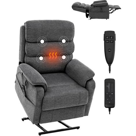 VEVOR Fauteuil inclinable electrique, fauteuil releveur avec chaleur et massage pour personnes agees, fauteuil relax a double moteur avec 2 cordes anti-chute, reglage de position infini, gris fonce, M