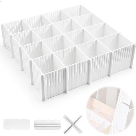 10 separadores de cajones de plástico ajustables - 38 x 11 cm - Separadores de cajones recortables con 30 accesorios de sujeción para ropa, calcetines y objetos pequeños (blanco) (1/5)