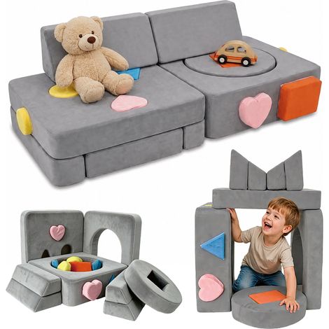 Relaxdays Children's Play Sofa, modular, 18-piece, soft foam blocks, kids' couch, velour, HxWxD 40x130x65cm, grey (1/5)