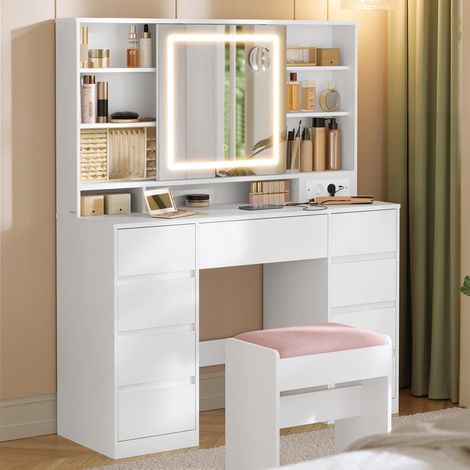 Coiffeuse avec Miroir LED et Tabouret, Multiprise, 9 Tiroirs, Loupe 10x, Rangement Bijoux, Éclairage 3 Couleurs, Installation des Rails sans Outils, Blanc (1/5)