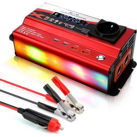 1000W 12V/24V Dual USB Power Inverter, Power Supply Converter with Dual Cigarette Lighter Socket, Single Outlet (Red) (1/5)