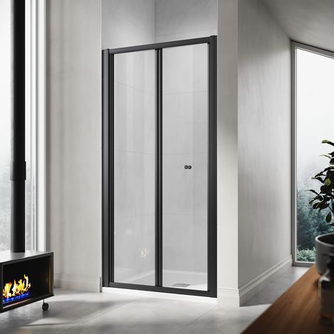 ELEGANT 900mm Bifold Shower Door Black Aluminium Frame Shower Enclosure 5mm Tempered Glass with SMC Tray & Waste Trap (1/5)