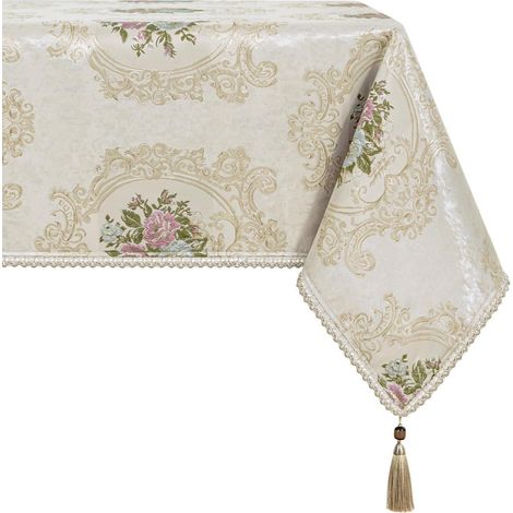 Nappe avec pompons et motif floral, 140x240cm, rectangulaire