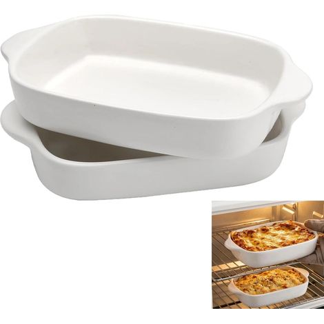 Lot de 2 plats à gratin en céramique rectangulaires avec poignées, résistants aux rayures, pour gratin et tiramisu, résistants à la chaleur et au lave-vaisselle, blancs (1/5)