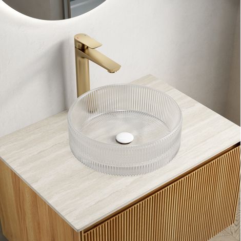 Vasque à poser ronde en verre cristal transparent 36 cm, bol salle de bain à stries décoratives (1/5)