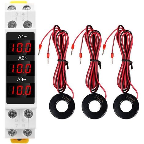Ampèremètre triphasé sur rail DIN avec affichage numérique LED, haute précision, avec 3 capteurs, AC 80-500V 1-100A (1/5)