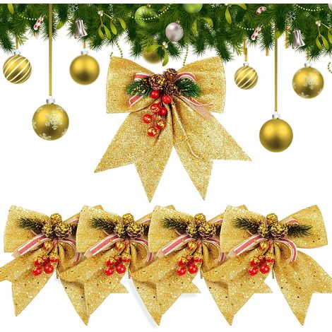 5-teiliges Set Weihnachtsschleifen, Schleifendekorationen, Pailletten-Weihnachtsbaumschmuck