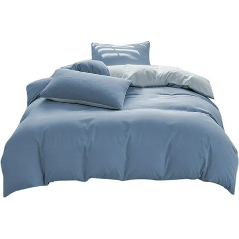 1 Parure de lit 4 pièces, réversible, coton lavable, doux, taille reine, bleu clair (1/5)