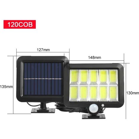 (120COB C) Lampe solaire LED COB avec détecteur de mouvement, étanche, pour jardin, cour ou porte d'entrée. (1/5)