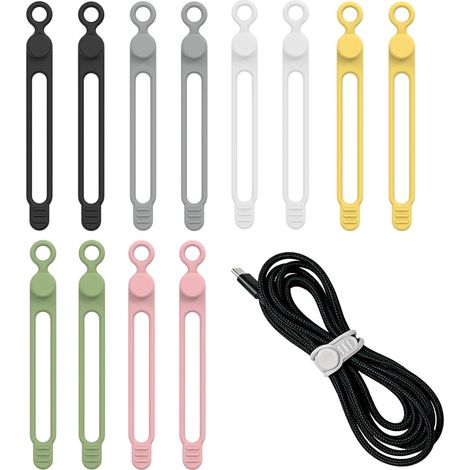 12 Pièces Organisateur de Câble, Range Cable Bureau, Attaches de Câbles en Silicone Réutilisables et Élastiques, Organisateur Cable avec pour Écouteurs, Chargeurs, Bureau, Maison et Voyage (1/5)