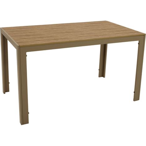 Table de jardin rectangulaire 70 x 125 cm, structure en aluminium couleur champagne, plateau de table en bois synthétique marron, résistant aux intempéries, pour l'extérieur (1/5)