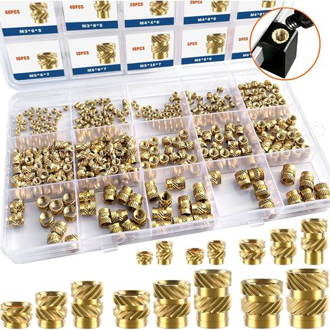 Coffret de 400 inserts filetés femelles en laiton C3604, écrous moletés thermofixables à chaud M2/M2,5/M3/M4/M5/M6, moletage diagonal croisé, pour plastique, injection et impression 3D (1/5)