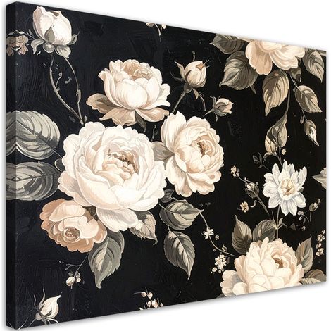 Tableau déco Roses blanches sur fond noir élégante décoration murale florale dans un style glamour 90x60 (1/4)