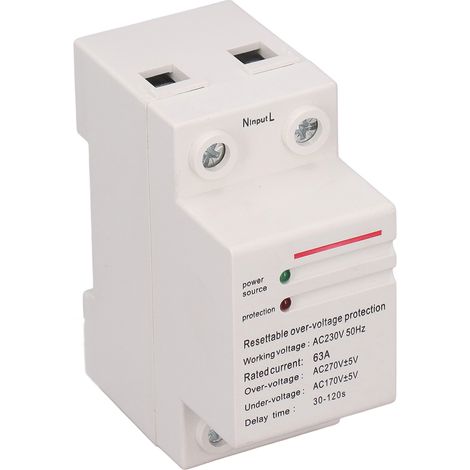 Überspannungs- und Unterspannungsschutz, automatische Rückstellung, Stromzeitverzögerung, einphasig, DIN-Schienenmontage, 220–240 V, 63 A (1/5)