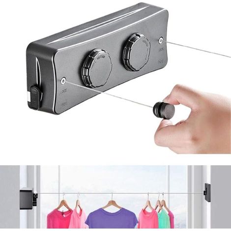 Corde à Linge Rétractable pour Balcon, 2 x 5,1M Acier Inoxydable Fil a Linge Extérieur Retractable, Etendoir Linge Exterieur Retractable, Corde à Linge Murale Intérieur (1/4)