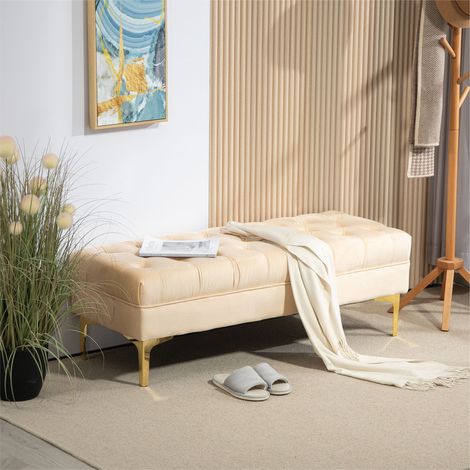 Banco para dormitorio con funda acolchada, banco tapizado en terciopelo con patas metálicas para recibidor, pasillo y sala de estar, 118x45x42 cm, beige. (1/5)