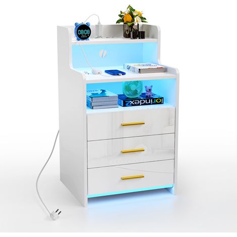 Sifree – Table de chevet LED avec prise USB et chargeur – 3 tiroirs – 2 étagères ouvertes – Panneau de particules renforcé blanc – Design moderne pour chambre et bureau (1/4)