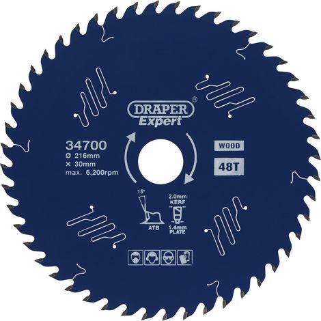 Draper Expert TCT Circular Saw Blade for Wood with PTFE Coating, 216 x 30mm, 48 Teeth (Model 34700) (1/5)