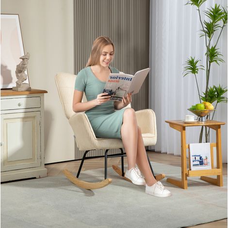 Poltrona a dondolo 98x71x101 cm beige in legno e velluto a coste con braccioli e schienale alto (1/4)