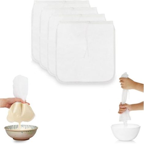 Confezione da 4 sacchetti filtro riutilizzabili a maglia fine per latte vegetale e succhi di frutta (bianchi, 30x30 cm), sacchetti per succhi di frutta. (1/5)