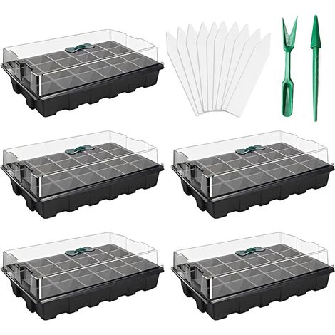 5 Pieces 120 Cells Mini Greenhouse Garden with Cover Buckets for Seedlings Black Germination Kit Plants Flowers Greenhouse Indoor (1/5)