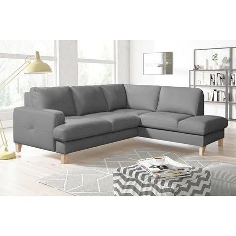 Canapé d'angle convertible en cuir italien de luxe 4/5 places avec coffre, FARELI, gris clair, angle droit
