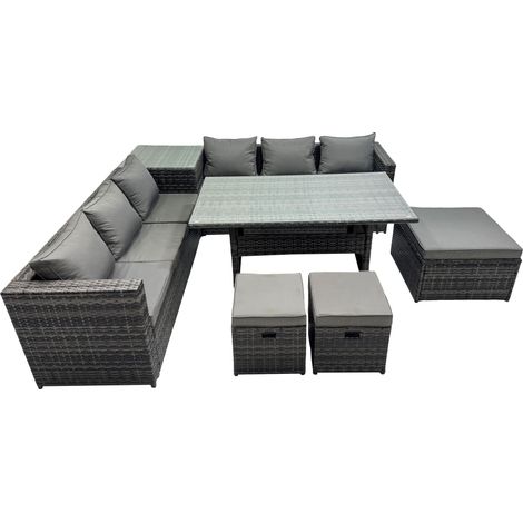 Fimous 9 Seater Outdoor Corner Sofa Dining Table Set Garden Rattan Furniture Set with Side Table 3 Stools Dark Grey (1/5)