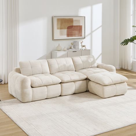 Canapé d’angle modulable 3 places avec pouf, canapé en L en chenille avec assise épaisse et modules séparables pour salon Beige, 264 x 160 x 68 cm (1/5)
