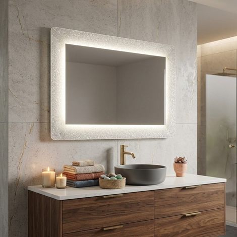 Specchio con cornice bianca in vetro fuso con graniglia e led 90x62