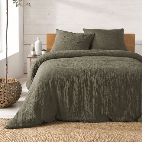 Parure de lit complète 260 x 240 cm gaze de coton – 2 taies 63x63 cm + drap housse 160x200 cm Kaki